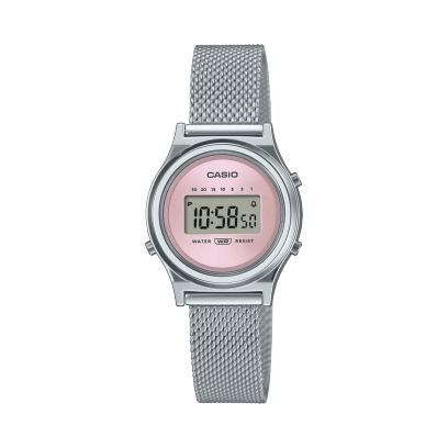 Die CASIO VINTAGE COLLECTION Armbanduhr LA700WEM-4A mit quadratischem, digitalem Zifferblatt in Rosa, einem runden, silbernen Gehäuse aus Resin und einem Milanaise-Armband in Silber.
