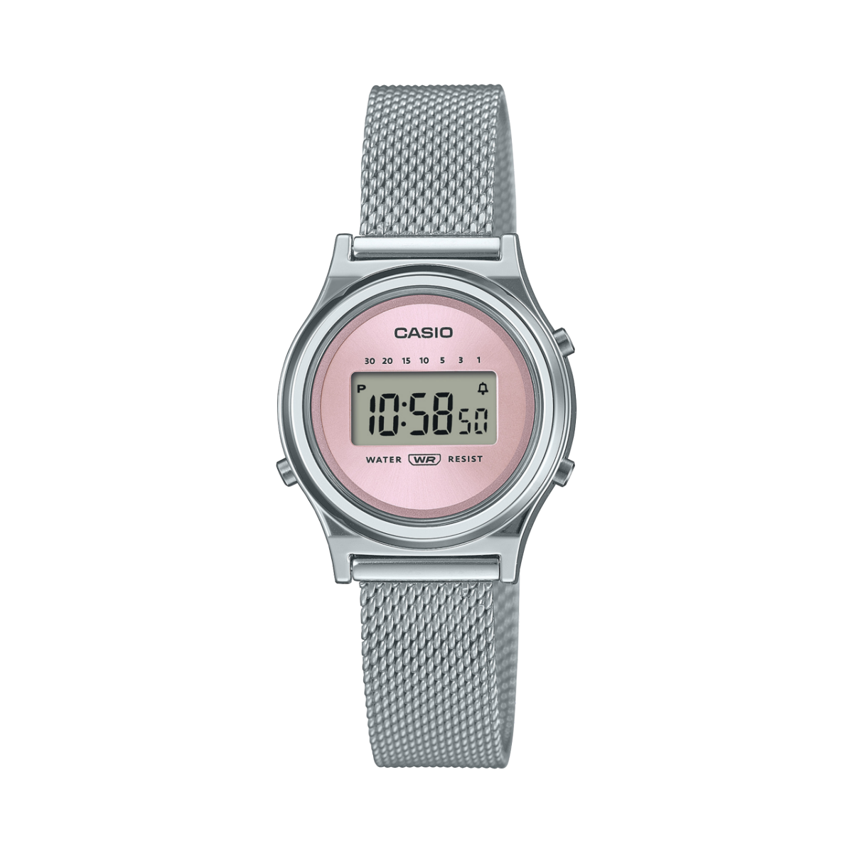 Die CASIO VINTAGE COLLECTION Armbanduhr LA700WEM-4A mit quadratischem, digitalem Zifferblatt in Rosa, einem runden, silbernen Gehäuse aus Resin und einem Milanaise-Armband in Silber.