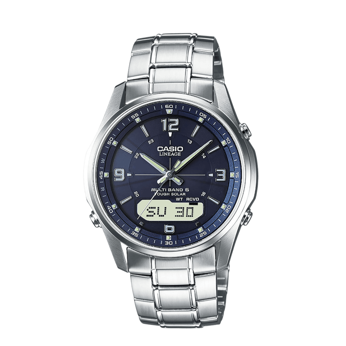 Die WAVECEPTOR Armbanduhr LCW-M100DSE-2A mit rundem, digital-analogem Zifferblatt in Blau und silberfarbenen Akzenten sowie einem Gehäuse und Armband aus massivem Edelstahl in Silber.