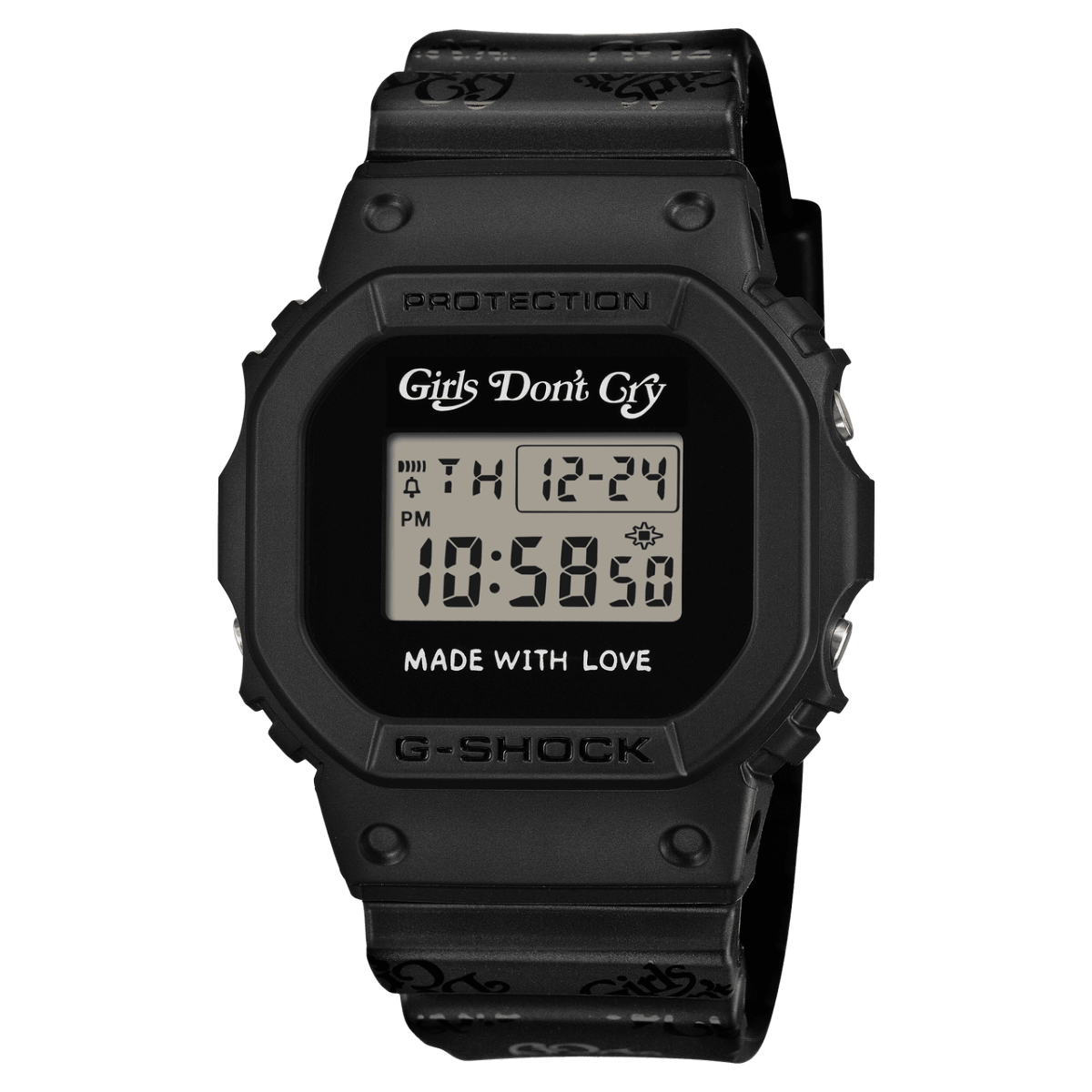 Auf der G-SHOCK Armbanduhr aus der Paarkollektion ist über dem Zifferblatt das Girls Don't Cry-Logo zu sehen und darunter steht der Schriftzug MADE WITH LOVE