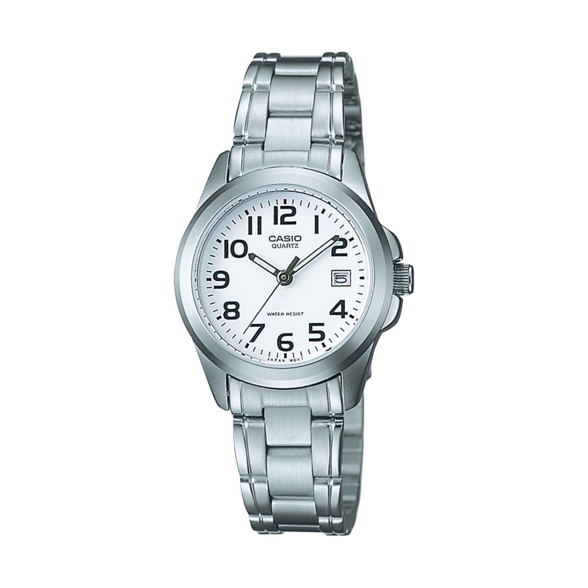 Die CASIO TIMELESS COLLECTION Armbanduhr LTP-1259PD-7B mit rundem, analogem Zifferblatt in Weiß, Zeigern und Indices in Schwarz sowie einem silberfarbenen Messinggehäuse und einem Armband aus Edelstahl in Silber.