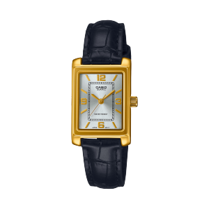El reloj de pulsera analógico cuadrado LTP-1234PGL-7A2 con caja dorada, esfera plateada brillante y correa de piel negra.