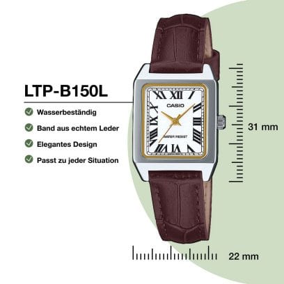 Die CASIO TIMELESS COLLECTION Armbanduhr LTP-B150L-7B2 von vorn neben der Angabe 31 mm rechts vom Gehäuse und der Angabe 22 mm unterhalb der Uhr, um Höhe und Breite zu verdeutlichen. Außerdem die Hinweise: Wasserbeständig, Band aus echtem Leder, Elegantes Design, Passt zu jeder Situation.
