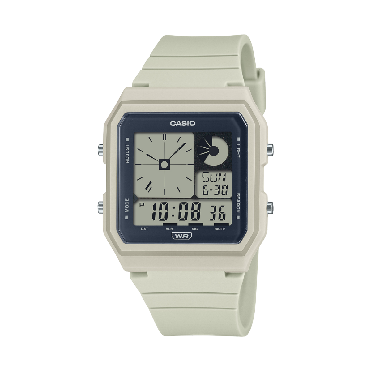 Die weiße Casio LF-20W-8A Digitalarmbanduhr im Analog-Style