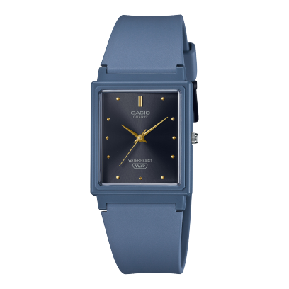 Die Analoguhr MQ-38UC-2A2 von CASIO Timeless Collection mit schwarzem Zifferblatt, goldfarbenen Indizes und blauem Resinarmband