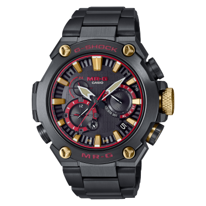 Die G-SHOCK Armbanduhr MRG-B2000B-1A4 mit analogem Zifferblatt in Schwarz mit goldenen, roten und weißen Akzenten, einer Lünette mit goldfarbenen Schraubenköpfen, einem Gehäuse und Armband aus massivem Titan in Schwarz.