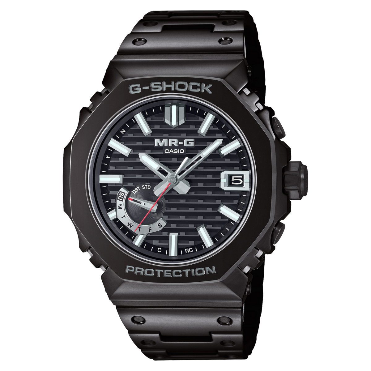 Die G-SHOCK Armbanduhr MRG-B2100B-1A mit rundem, analogem Zifferblatt in Schwarz mit Gittermuster, für besseren Lichteinfall zur Erzeugung von Solarenergie, weiß-silbernen Zeigern, Indices und einem rotem Sekundenzeiger, einer schwarzen, achteckigen Lünette sowie einem Ti64 Titangehäuse und einem Armband aus DAT55G Titan in Schwarz.