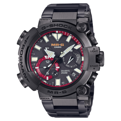 Die G-SHOCK Armbanduhr MRG-BF1000B-1A mit analogem Zifferblatt in Schwarz mit weißen und roten Akzenten, einem Gehäuse mit DLC Finish im asymmetrischen Froschdesign und einem Armband mit DLC Finish in Schwarz.