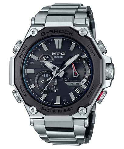 Die CASIO MTG-B2000D-1A Armbanduhr mit schwarzem Zifferblatt, silbernem Edelstahlgehäuse und silbernem Edelstahlarmband