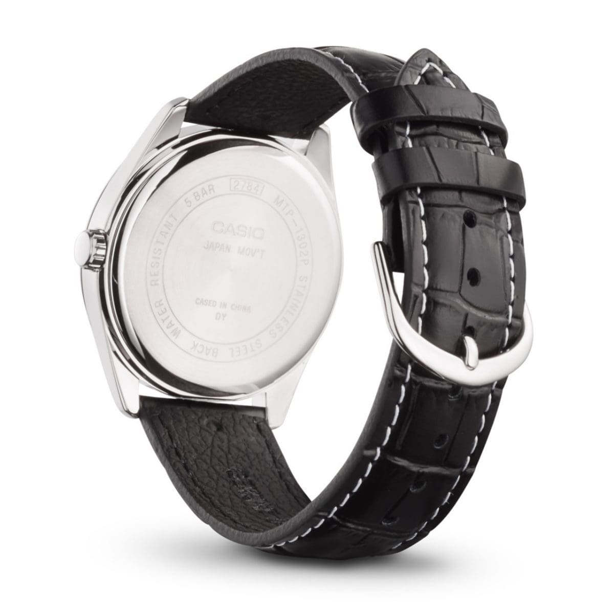 Rückansicht der CASIO TIMELESS COLLECTION Armbanduhr MTP-1302PL-7BV mit geschlossenem Armband und silberfarbenem Verschluss.