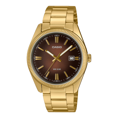 Goldene Armbanduhr von CASIO TIMELESS COLLECTION mit analogem, braunem Zifferblatt und goldfarbenen Indizes