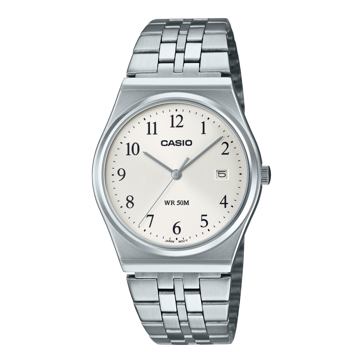 MTP-B145D-7BV Armbanduhr von CASIO mit weiß-schimmernder analoger Anzeige und silberfarbenem Armband. 