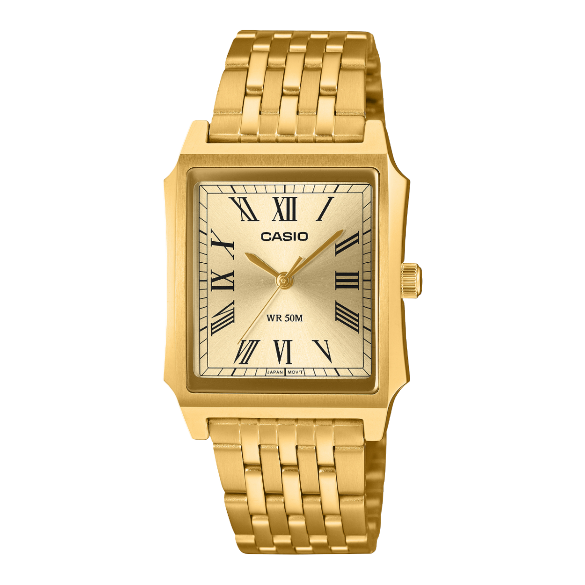 Frontansicht der goldenen Armbanduhr MTP-B190G-9BVEF der CASIO TIMELESS COLLECTION mit markantem viereckigen Gehäuse