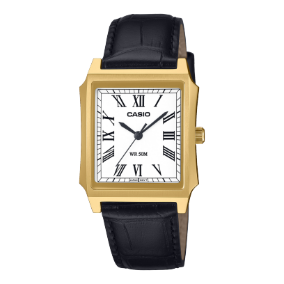 Frontansicht der MTP-B190GL-7BVEF mit schwarzem Lederarmband und goldenem Gehäuse