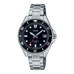 MDV-10D-1A1V Armbanduhr von CASIO mit schwarzer analoger Anzeige und silberfarbenem Armband. Der Sekundenzeiger ist in einem auffallendem Rot gehalten.