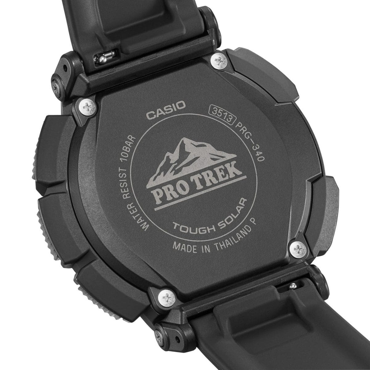 Nahaufnahme der schwarzen Rückseite der PRO TREK Armbanduhr PRG-340-1 mit PRO TREK-Logo in der Gravur.