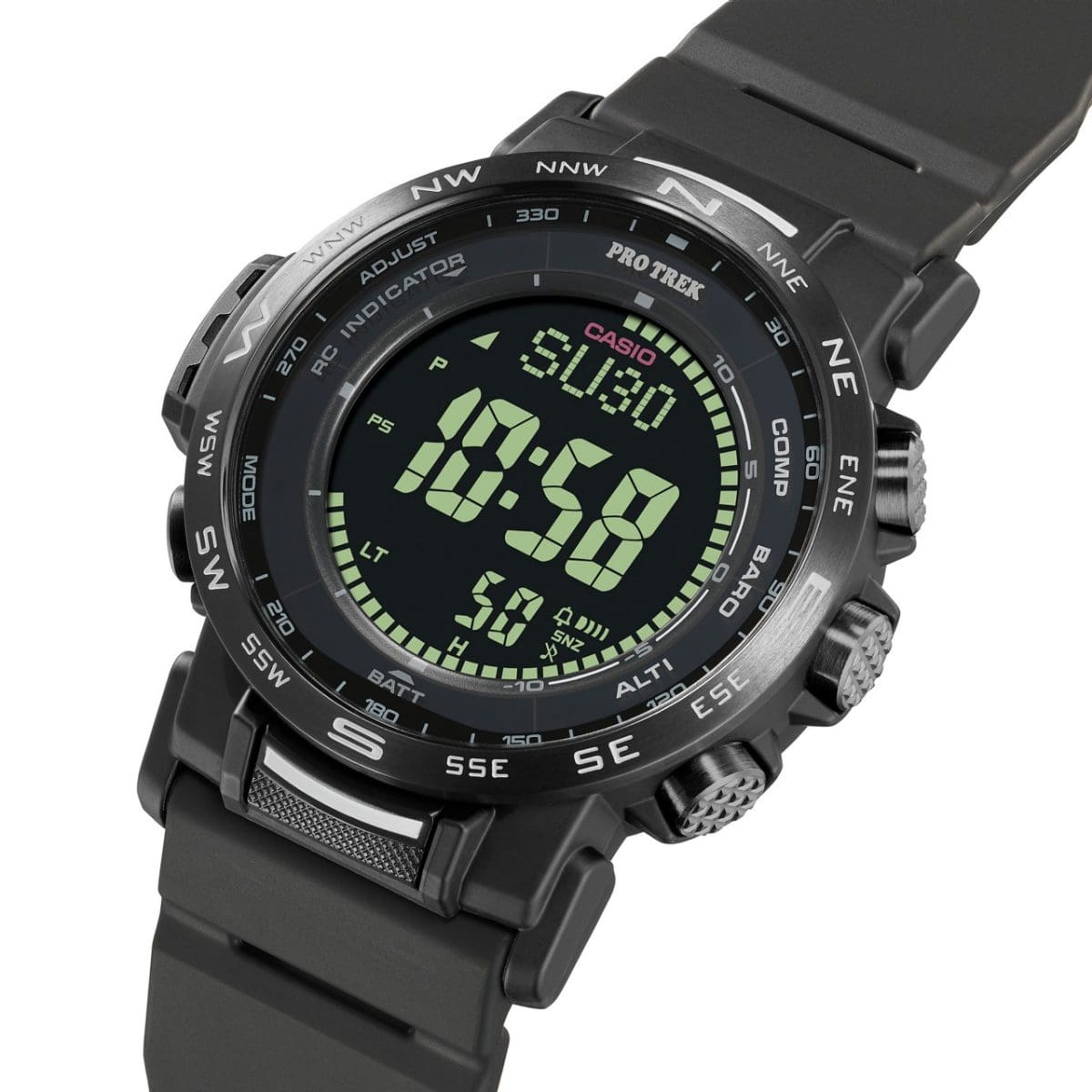 Seitliche Ansicht der CASIO Armbanduhr PRW-35Y-1B mit Blick auf die seitlichen Display-Knöpfe und das übersichtliche Display