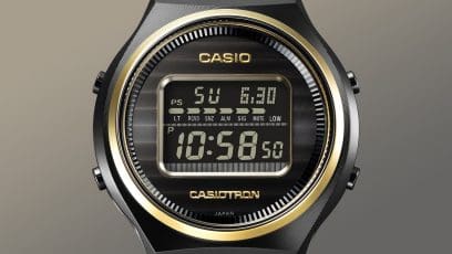 Nahaufnahme des runden Gehäuses der TRN-ZE-1A Armbanduhr mit goldfarbenem Schriftzug "CASIOTRON" unter der digitalen Anzeige