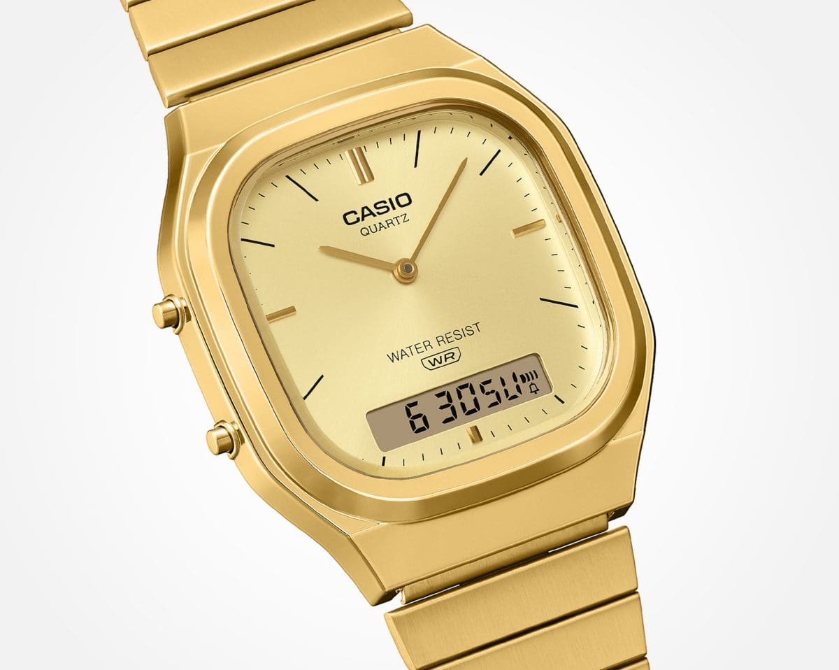 AQ-240EG-9A: estilo retrô-moderno com brilho atemporal 