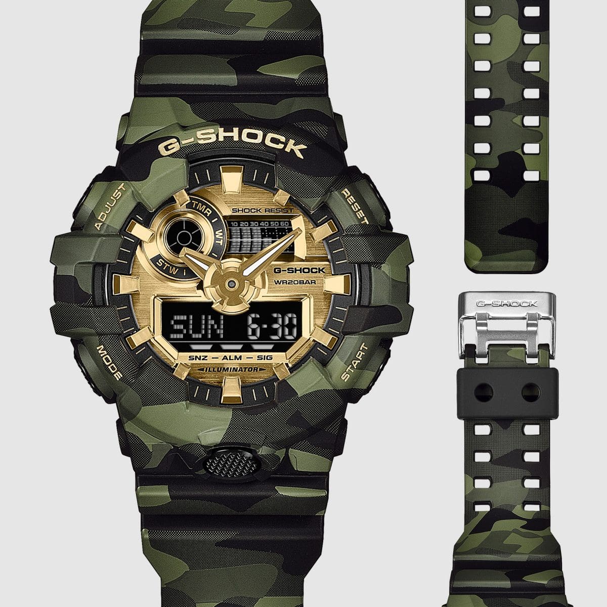 GA-700CMG-3A Design arrojado com mostrador em tons dourados