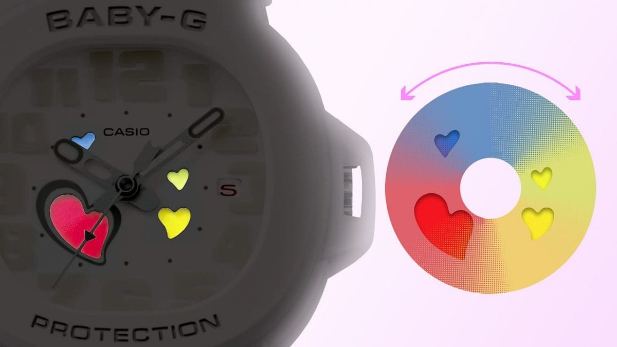 BGA-10-7A Heart-motif dial with playfully colorful design