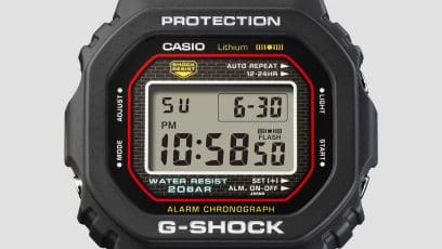 DW-5000R-1A Face design accented with red, blue, and yellow