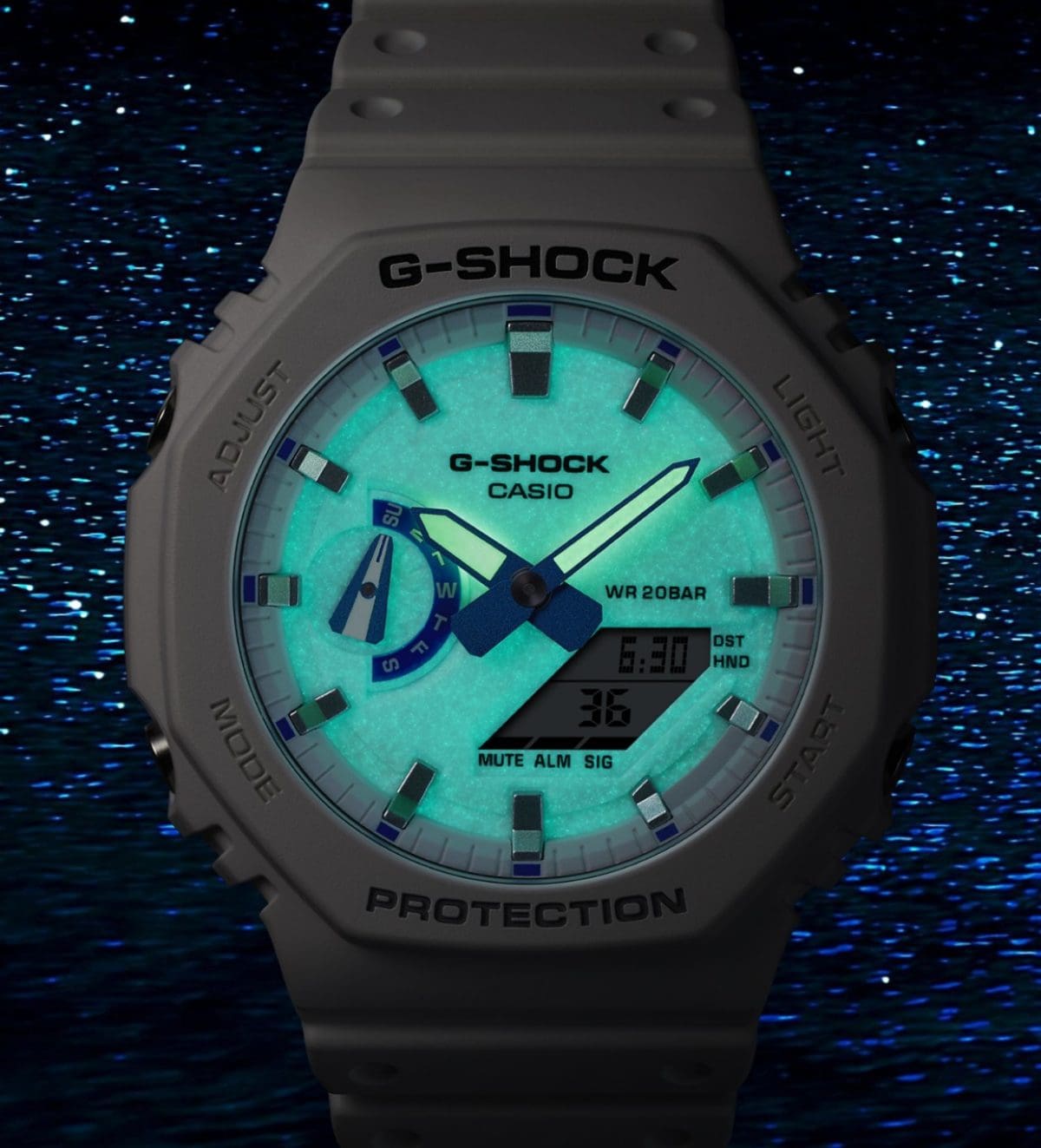 GA-2100HDS-7A Blue phosphorescent face inspired by the enchanting glow of bioluminescent plankton