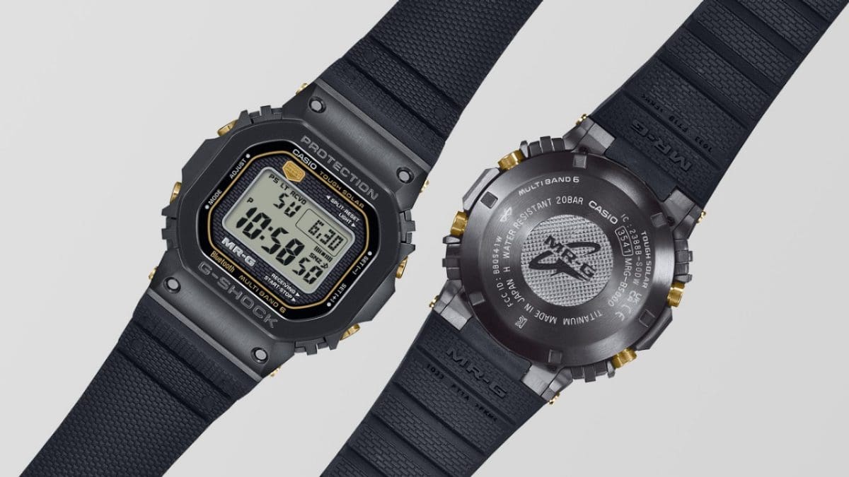 MRG-B5000R-1 The band features textured patterns inheriting design motifs maintained since the very first G-SHOCK, with “SHOCK RESIST” symbols on the top surface and a brick pattern on the underside.