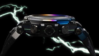 MTG-B2000YST-1A Multi-layered carbon frame design captures a flash of lightning amid low-hanging, stormy clouds