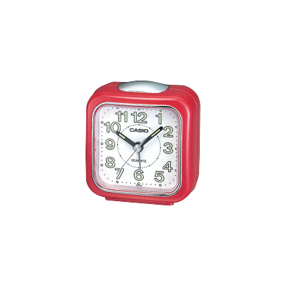 Der analoge Reisewecker TQ-142-4 mit rotem Gehäuse und weißem, leicht lesbaren Zifferblatt mit großen Ziffern