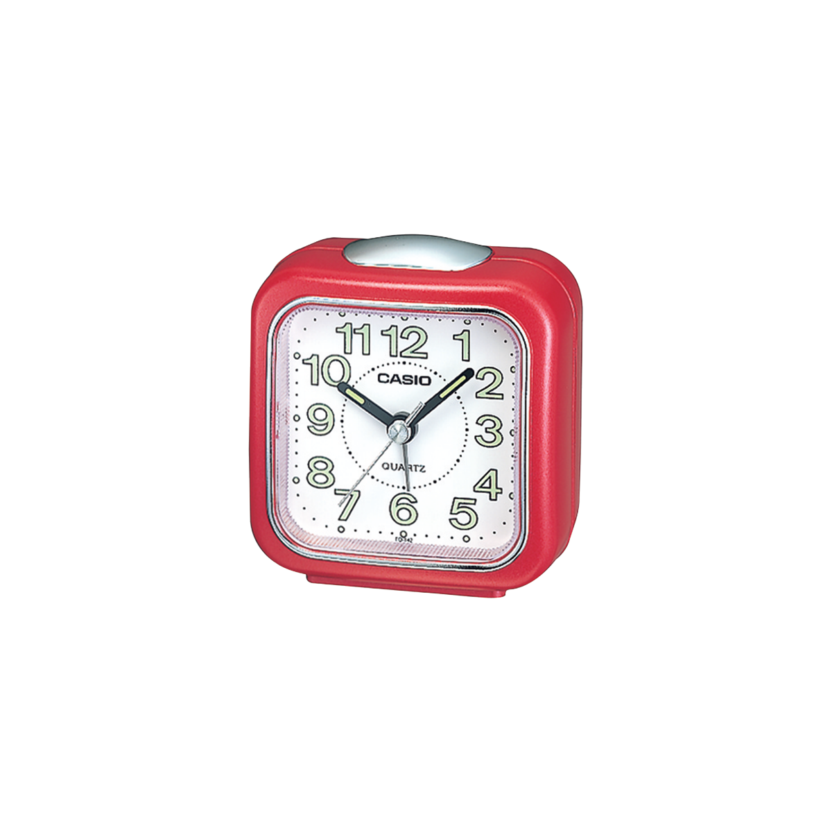 Der analoge Reisewecker TQ-142-4 mit rotem Gehäuse und weißem, leicht lesbaren Zifferblatt mit großen Ziffern