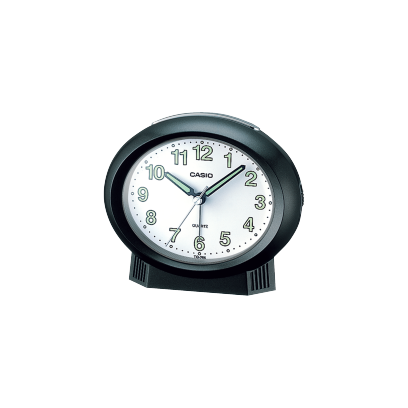 Der analoge Wecker TQ-266-1 mit schwarzem, ovalem Gehäuse und weißem, leicht lesbaren Zifferblatt mit großen, fluoreszierenden Ziffern