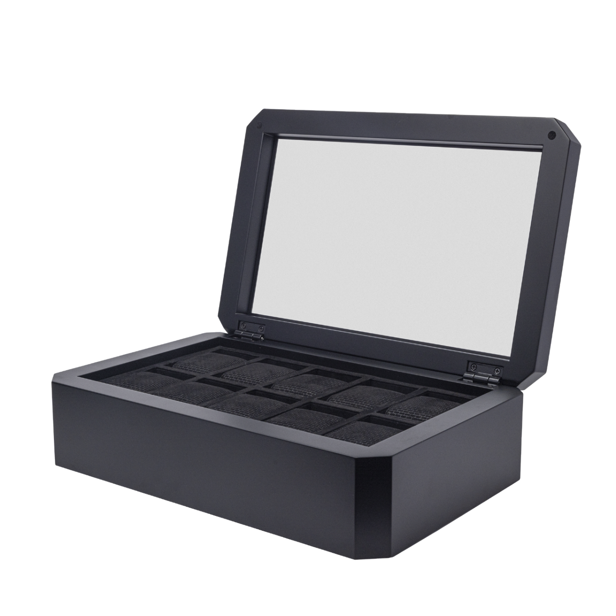 Uhrenbox mit aufgeklapptem, durchsichtigem Deckel