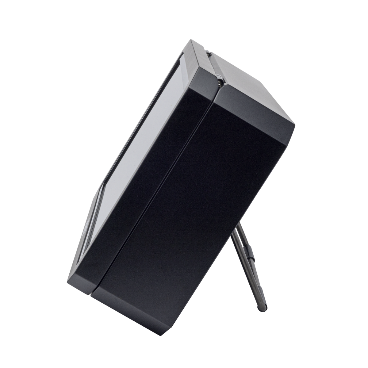 Seitliche Ansicht der Uhrenbox mit aufgestelltem Ständer