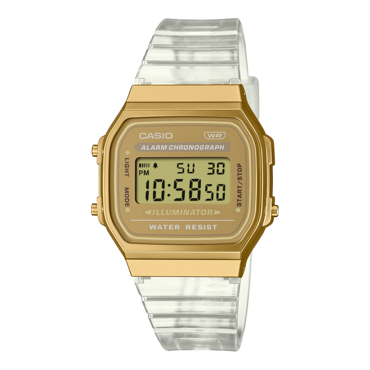 Die unisex Digitaluhr A168XESG-9A aus der iconic-Reihe mit goldfarbenem Metallgehäuse und transparentem Armband