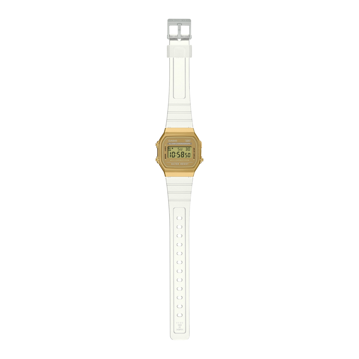 Komplettansicht der A168XESG-9A Digitaluhr mit goldfarbenem Metallgehäuse und transparentem Armband