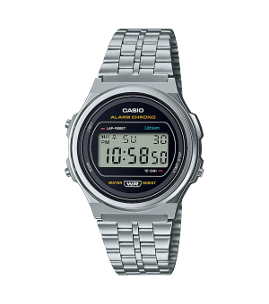 Frontansicht der runden Uhr A171WE-1A in Silber mit einem Armband aus Edelstahl und einer schwarzen Digitalanzeige