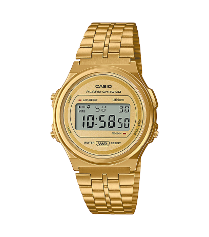 Frontansicht der runden Uhr A171WEG-9A in Gold mit Edelstahl Mesh-Armband