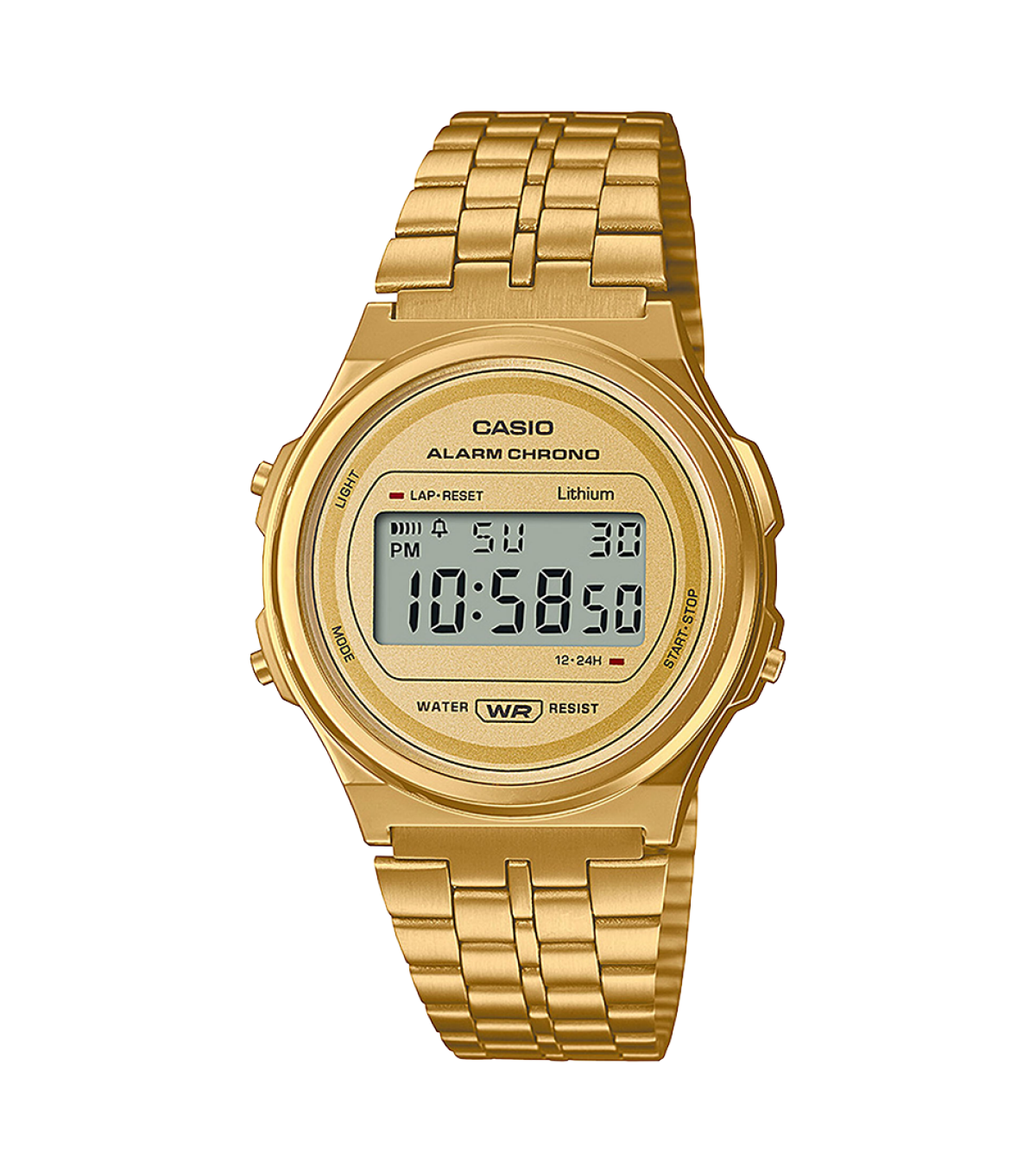 Frontansicht der runden Uhr A171WEG-9A in Gold mit Edelstahl Mesh-Armband