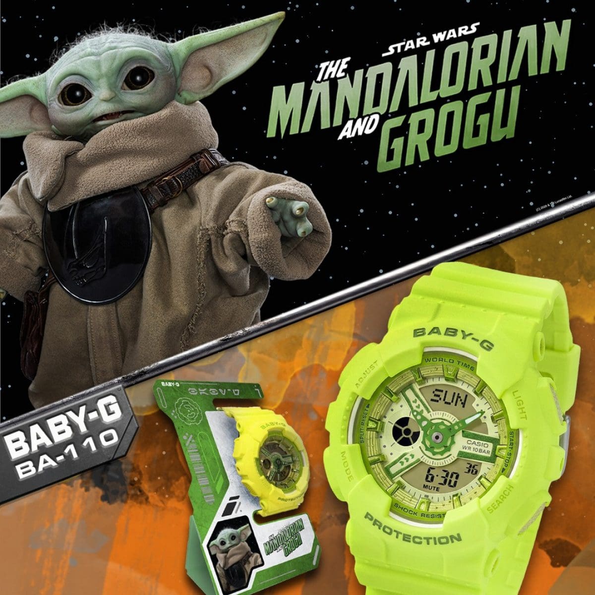 Zweiteiliges Plakat mit Ankündigung des Films The Mandalorian and Grogu mit dazu passender BABY-G Armbanduhr BA-110YK-3A-MAN mit dazugehörigem Aufsteller