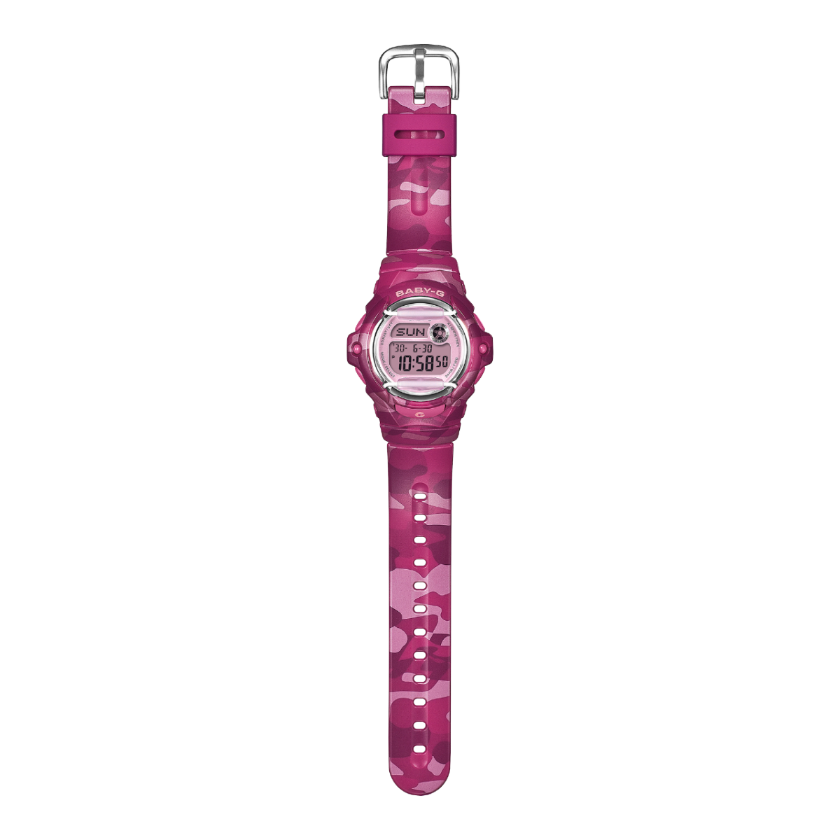 Das Camouflage Muster in verschiedenen Pink-Tönen zieht sich über Armband und Gehäuse der BABY-G BG-169CM-4ER