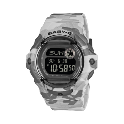 Frontansicht der grauen BABY-G Armbanduhr BG-169CMB-8ER im Camouflage Design