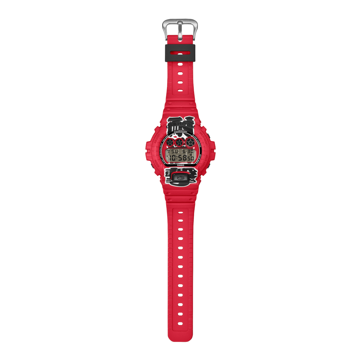 Gesamtansicht der roten Armbanduhr DW-6900AKA-4ER von G-SHOCK mit schwarzem Bandhalter und silberner Schließe