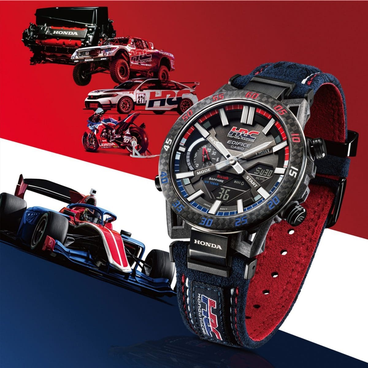 Der EDIFICE Chronograph ECB-2000HR-1A vor einem rot-blau-weißem Hintergrund und mehreren Honda-Racing Fahrzeugen
