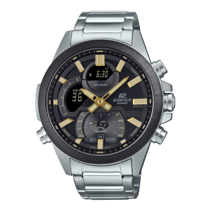 Die Edifice ECB-30DB-1A9 mit silbernem Armband und schwarz-goldenem, analogem Gehäuse und Zifferblatt