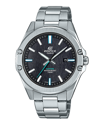 Die silberfarbene, analoge Armbanduhr EFR-S107D von EDIFICE mit dunkelgrauem, rundem Zifferblatt und weißen/türkisen Indizes