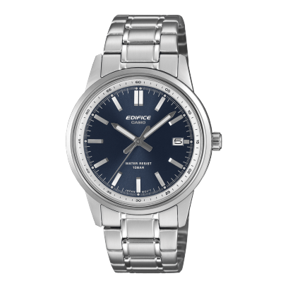 Frontansicht der silbernen Armbanduhr EFR-109D-2A von EDIFICE mit dunkelblauem Zifferblatt