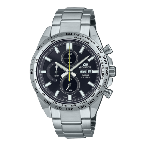 Der EDIFICE Chronograph "EFR-574D-1AV" mit silbernem Armband und schwarzem Zifferblatt sowie weiten Indizes und gelbem Sekundenzeiger