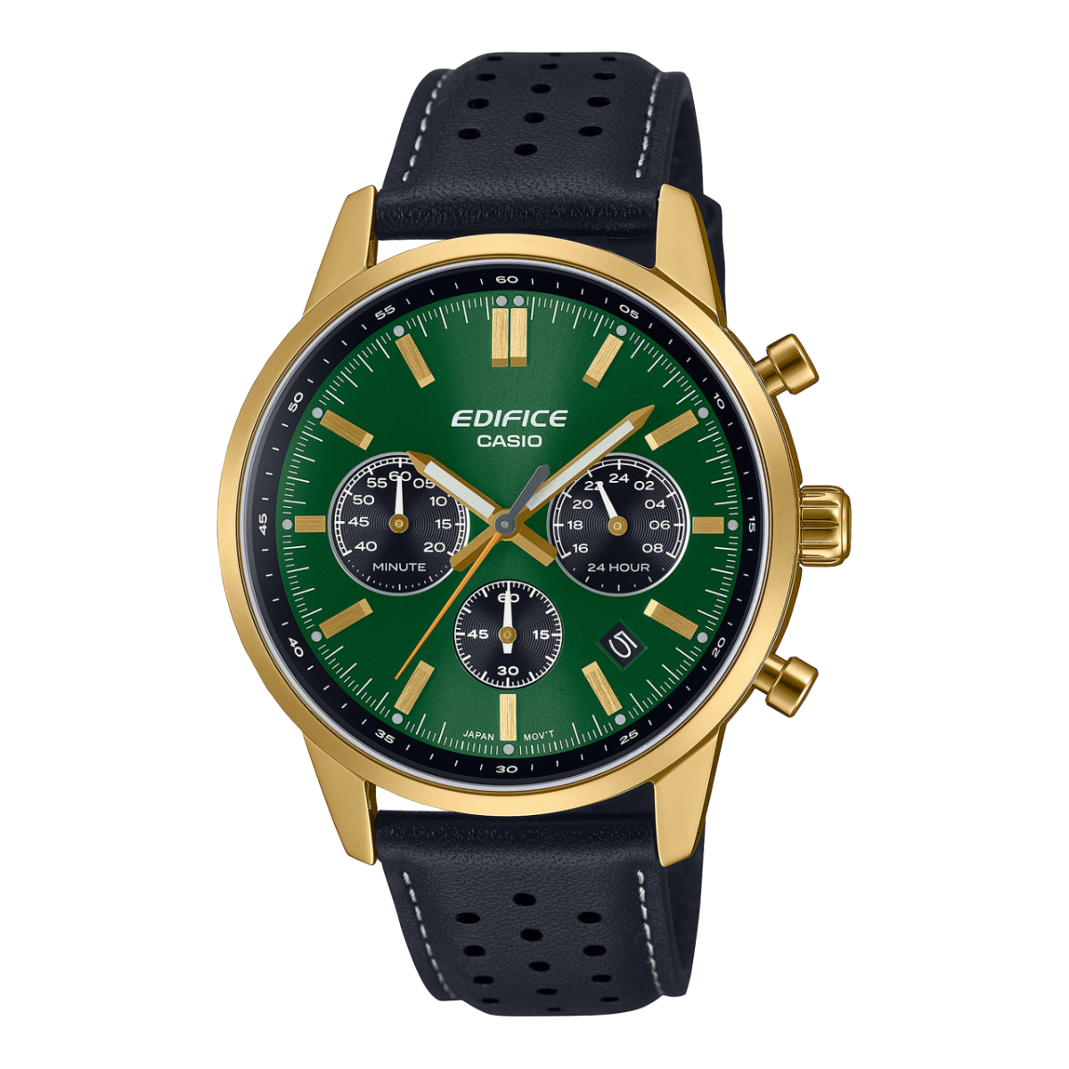 Frontansicht der EFR-575CL-3AEF mit schwarzem Echtleder Armband, grünem Zifferblatt mit drei schwarzen Chronographen-Anzeigen, goldenem Gehäuse und goldenen Akzenten auf dem Zifferblatt.