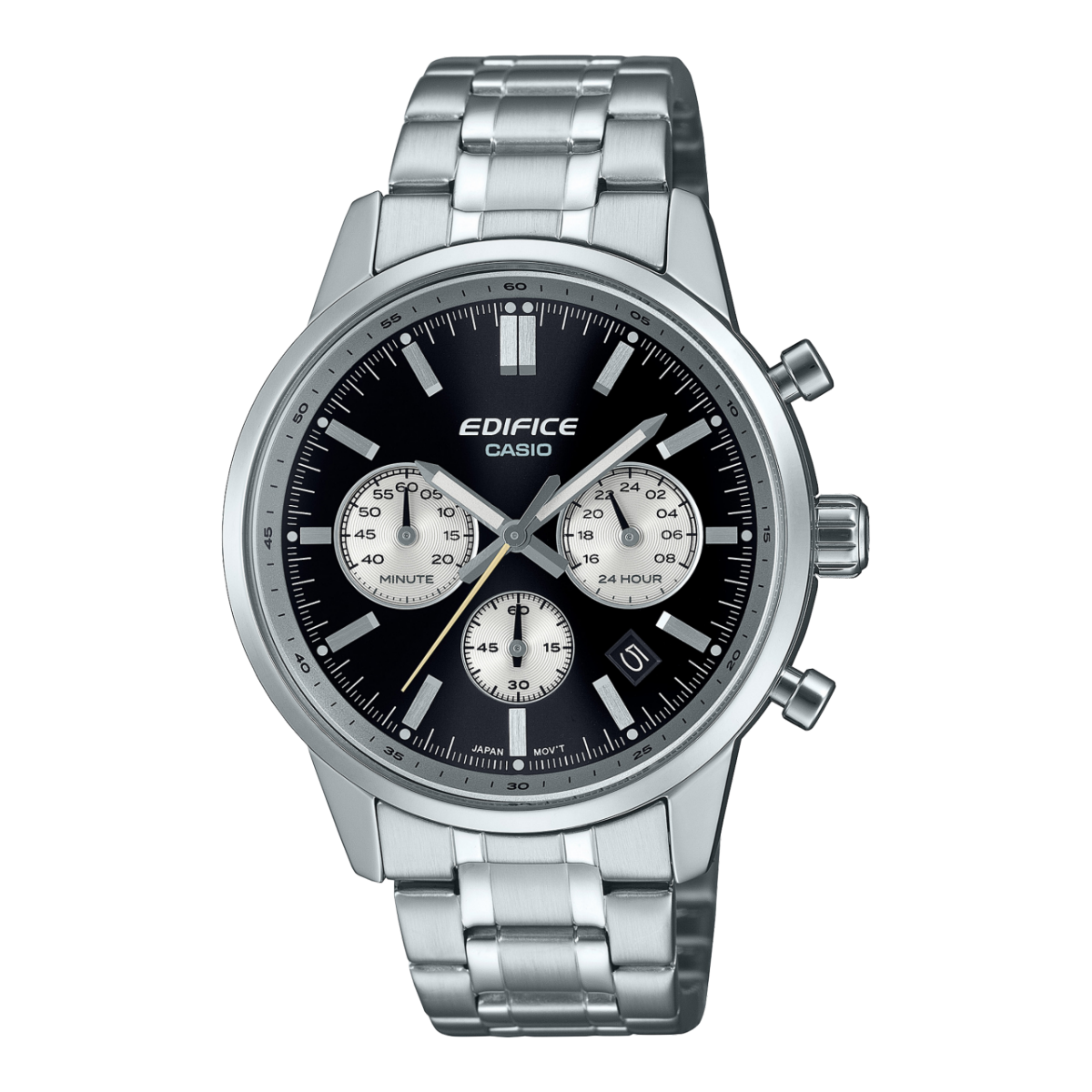 Frontansicht der EFR-575D-1AEF mit schwarzem Zifferblatt. Die drei Chronographen-Anzeigen heben sich hell ab.